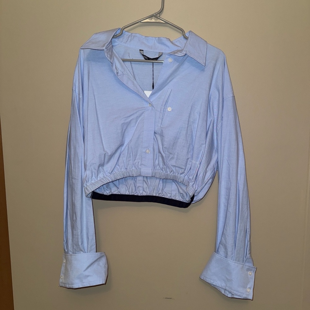 Zara Light Blue Cropped Button Down Shirt